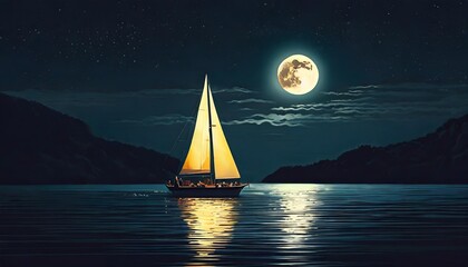 anime style sailboat landscape lake ocean sailing panoramic wide moonlight moon boat generated ai