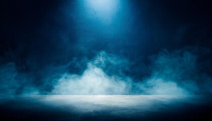 empty dark blue abstract cement wall and studio room with smoke float up the interior texture for...
