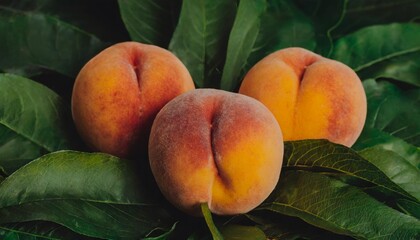 three ripe peaches are sitting on top of green leaves