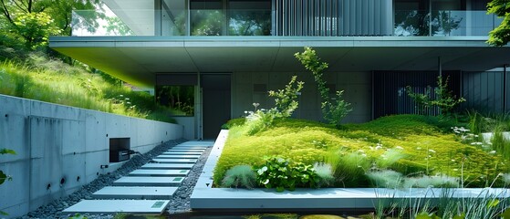 Eco-Friendly Home with Ground Heat Pump and Lush Greenery. Concept Sustainable Living, Ground Heat Pumps, Green Home Design, Lush Greenery, Eco-Friendly Living - obrazy, fototapety, plakaty