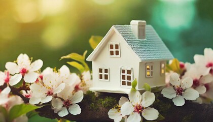 white toy house with cherry flowers on green abstract natural background concept of mortgage construction rental family and property eco home spring season