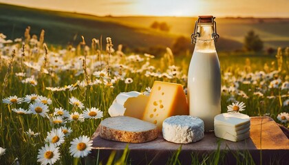 a variety of cheeses and a bottle of milk against the background of a meadow with daisies in the golden light of sunset concept organic healthy food for a diet menu