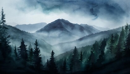 watercolor landscape of forest and mountains wild nature background