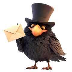 Fototapeta premium Crow, acting mischievously, sends a cartoon postcard while isolated on a transparent background.