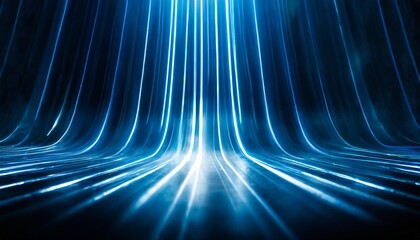 abstract neon blue lines on black background illuminated reflections on ground scene science sci fi and technology concept - obrazy, fototapety, plakaty