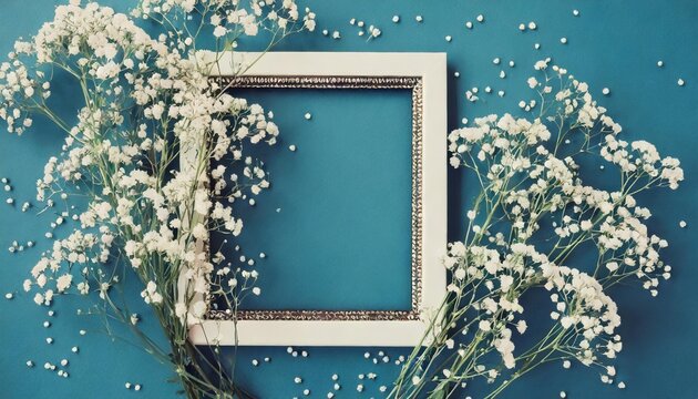 romantic floral arrangement with white baby s breath flowers and a picture frame on a soft blue backdrop perfect for occasions like valentine s day easter birthdays women s day and mother s day