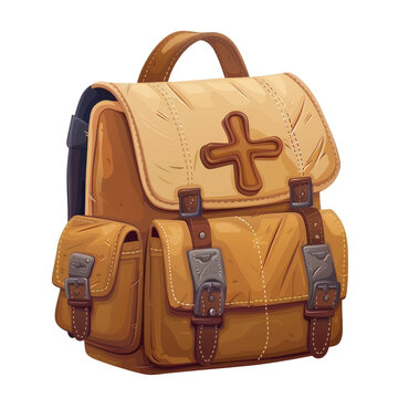 Backpack featuring a cross, depicted in a cartoon style, is isolated on a transparent background, symbolizing attendance at a church service