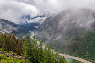 Salmon River in the mist with meltwater of Salmon Glacier, British Columbia, Canada.