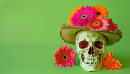 cinco de mayo celebration concept with decorated skull and vibrant flowers, copy space 