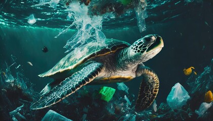 generative ai illustration of a sea turtle navigates through ocean waters entangled with harmful plastic waste depicting the dire effects of pollution