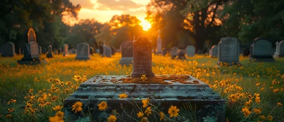 Fotobehang Sunset Resonance at Peaceful Cemetery. Concept Sunset Resonance, Peaceful Cemetery © Ян Заболотний