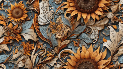 Complex zentangle sunflower seamless pattern, adorned with intricate leaves and spirals.