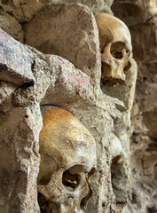Skull Tower (Ćele kula), a stone structure embedded with human skulls  constructed by the Ottoman Empire 1809; detail of a row of skulls