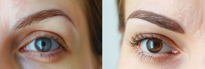 Female brow comparison following permanent makeup or brow shape correction - obrazy, fototapety, plakaty