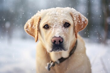 Labrador retriever dog in winter snowfall