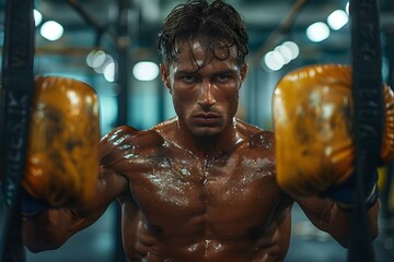 Dedicated Boxer's Intense Workout. Concept Boxing drills, Strength training, Endurance exercises, Focus and concentration, Speed and agility - obrazy, fototapety, plakaty