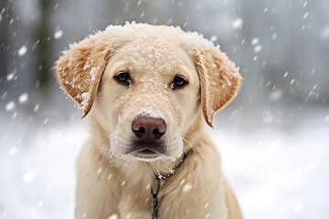 Labrador retriever dog in winter snowfall.