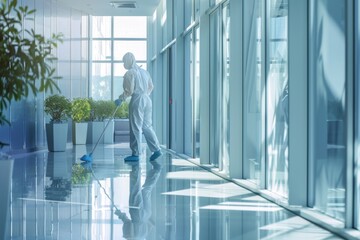 Sanitation worker in protective clothing diligently mopping the shiny floors of a contemporary office space. Janitor Cleaning Floors in Modern Office Building