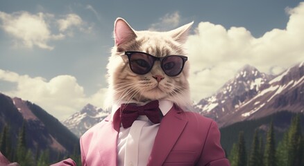 Fashionable cat with bow tie and sunglasses on background of mountains.