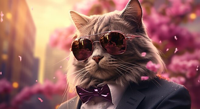 Portrait of a beautiful cat in a suit, bow tie and sunglasses.