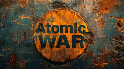 A rusted metal logo with the words "Atomic War" on it