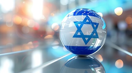 Glossy glass sphere containing the Israeli flag with a blurred background of a business center interior