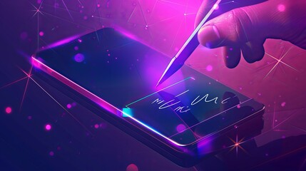 Contract with digital signature. Pen holding hand on a smartphone background,  signing an online document within the app. - obrazy, fototapety, plakaty