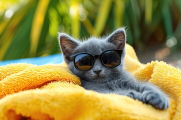 Cute gray kitten in sunglasses sitting on the edge of swimming pool - Powered by Adobe
