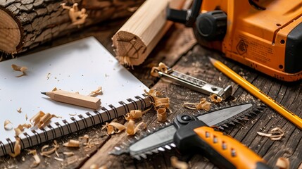 Draw ready-to-use wood products in a joinery workbook. A chainsaw, a tape measure, a pencil, and a notebook are on the table.