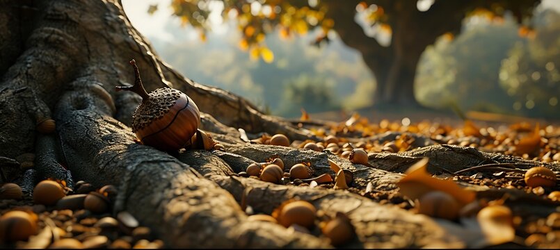 Nature's Cycle: A Fallen Acorn Finds Sanctuary Nestled in the Roots of an Ancient Oak Tree, Symbolizing Renewal, Resilience, and the Continuity of Life in the Forest Ecosystem