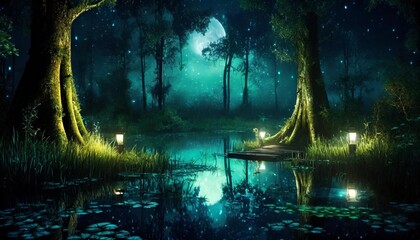 an illustration of a magical fantasy swamp at night generative ai