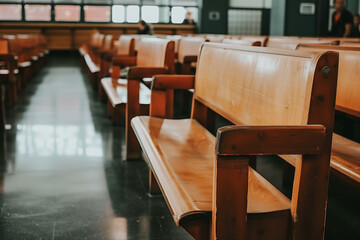 Church pews in an empty church, wooden benches, close up on the bench seats - obrazy, fototapety, plakaty