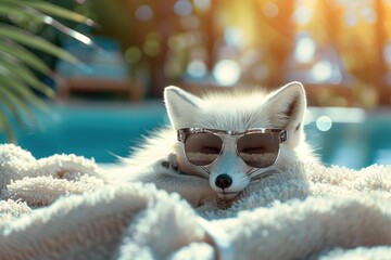 Fashionable white fox in sunglasses lying on a blanket on the beach - obrazy, fototapety, plakaty