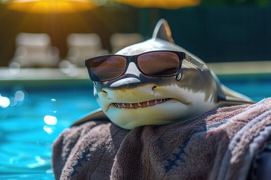 Shark with sunglasses and blue towel in swimming pool