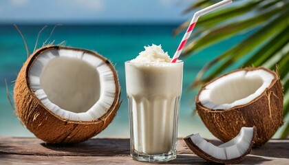 coconut milk shake glass with fresh sliced coconut and straw generative ai