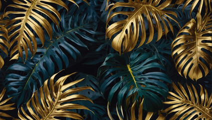 Dark monstera and palm leaves in gold and sapphire, chic pattern.