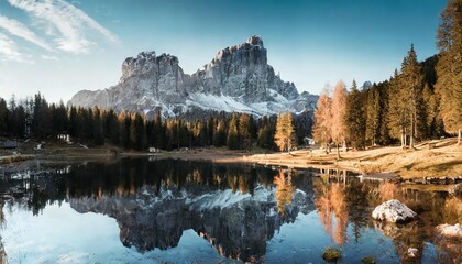 the beautiful nature landscape great view on federa lake early in the morning the federa lake with the dolomites peak cortina d ampezzo south tyrol dolomites italy popular travel locations - obrazy, fototapety, plakaty