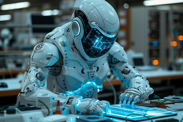 Futuristic silver-toned artificial intelligence robot engaged in intricate programming tasks in a high-tech laboratory with prominent neon lighting