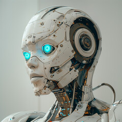 Advanced artificial intelligence robot with glowing blue eyes meticulously engineered in a futuristic high-tech laboratory isolated on a gradient background