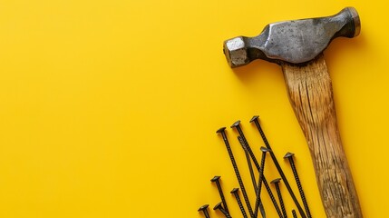 Top view of a hammer and metal nails on a yellow background