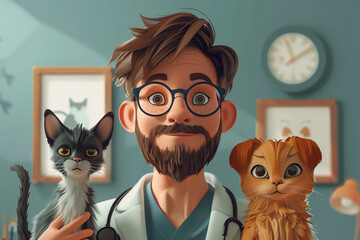 Vet doctor with dog and cat 3d illustration, cartoon	