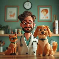 Vet doctor with dog and cat 3d illustration, cartoon	