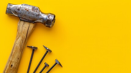 Top view of a hammer and metal nails on a yellow background