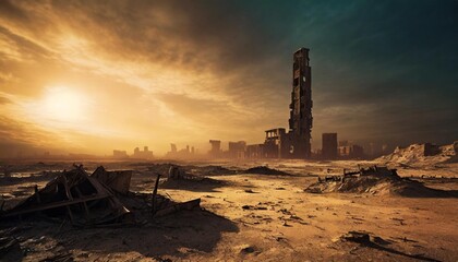 a post apocalypse desert with ruined city sky scraper in the distance - obrazy, fototapety, plakaty