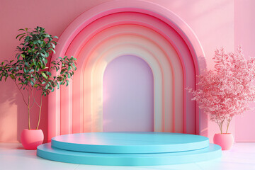 Colorful pastel object podium platform product display and showcase 3d rendering 