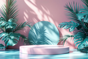 Product display podium with monstera leaves on pink and blue pastel background. 3D rendering

