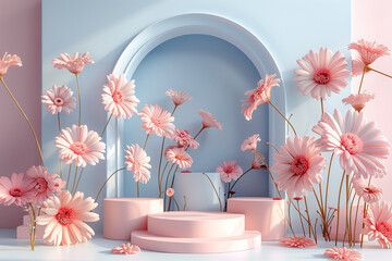 Abstract illustration of fantasy blossoming flowers with smooth spheres on podium against gray and pink background in pastel colors 