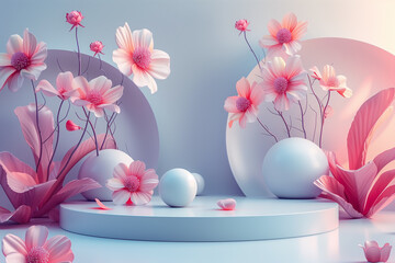 Abstract illustration of fantasy blossoming flowers with smooth spheres on podium against gray and pink background in pastel colors 