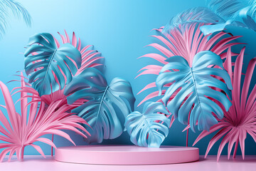 Product display podium with monstera leaves on pink and blue pastel background. 3D rendering