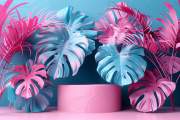 Product display podium with monstera leaves on pink and blue pastel background. 3D rendering